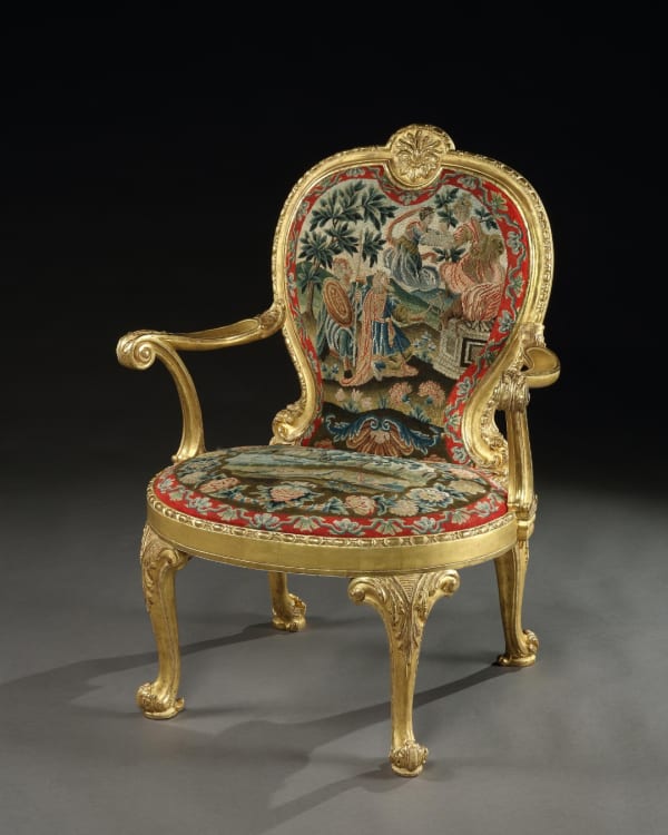A GEORGE II GILTWOOD ARMCHAIR ATTRIBUTED TO ALEXANDER PETER, The chair: Scottish, circa 1745 The needlework: English, circa 1745