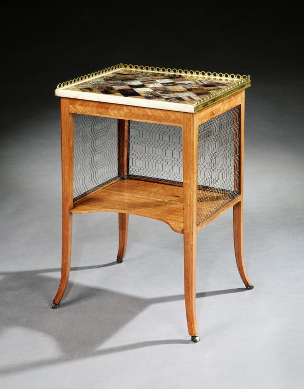 A GEORGE III TULIPWOOD SIDE TABLE WITH A BRASS MOUNTED BLUE JOHN TOP , English, circa 1785