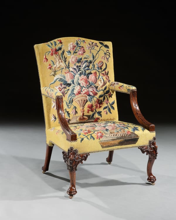 THE UNTERMYER LIBRARY ARMCHAIRS, The chairs: English, circa 1750 The tapestry: English, circa 1750