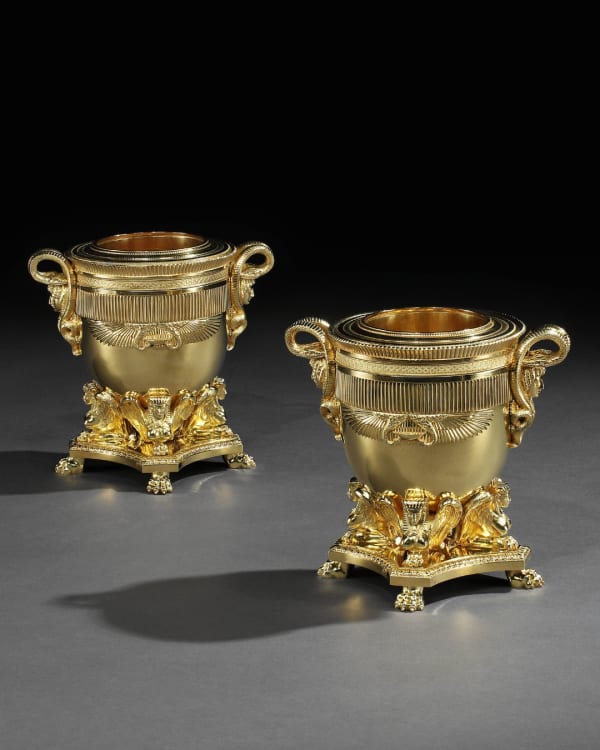 A PAIR OF GEORGE III GILT BRONZE WINE COOLERS, English, circa 1805