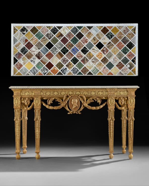 THE DAISY FELLOWES SPECIMEN MARBLE TABLE, The specimen marble top: Roman, circa 1750 The giltwood base: English, circa 1765