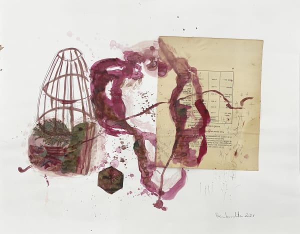 Amina Benbouchta, Mother Nature, 2025, Acrylic paint, book leaf from Un hiver dans les Alpes – A Winter in the Alps (1948, limited edition of 2,200 copies on Vélin BFK Rives paper), and archival documents from the Fès family collection mounted on cut paper, 50 x 65 cm. 19 3/4 x 25 5/8 in.