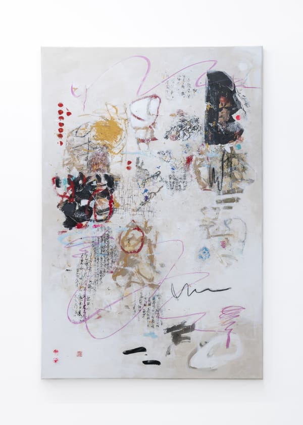 Acrylic, ink, pigment, charcoal, chalk, rice paper, and varnish on canvas