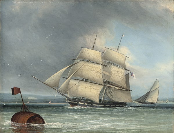 A merchantman running down the Solent, a yacht behind