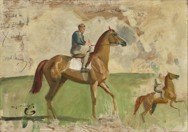 Sir Alfred James Munnings, PRA, RWS, Chestnut horse and lad painted in Fred Butters' yard; pencil sketch verso, 1947