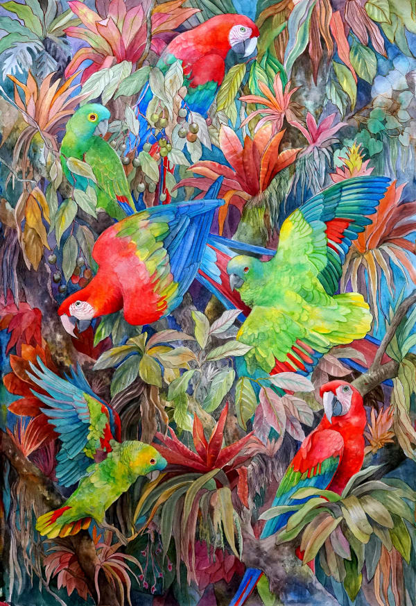 Red and Green Macaws and Blue-fronted Amazon Parrots