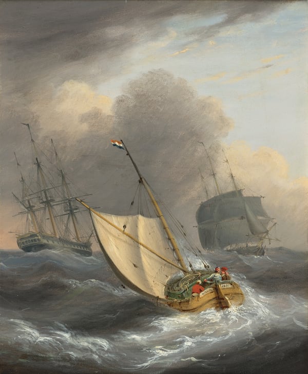 A Dutch schuyt putting out in a storm to two distant men-of-war