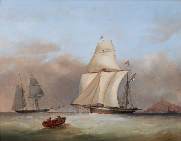 Lord Yarborough’s brigantine Kestrel running in a stiff breeze, with the Menai making a signal off her starboard bow