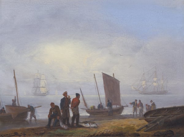 Fishermen unloading their catch on a shore, men-of-war beyond