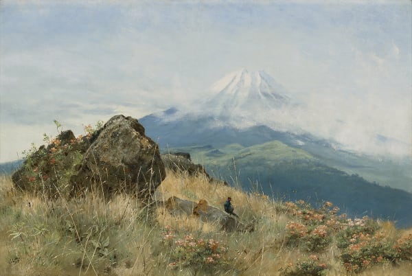 Japanese green cock and hen pheasant with Mount Fuji in the distance