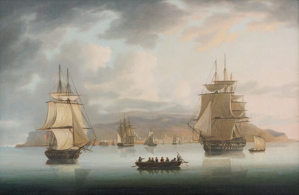 A view of the Funchal roadstead, Madeira, with H.M. ships Blenheim - bearing the flag of Sir Thomas Troubridge - Greyhound and Harrier all becalmed offshore, May 1805