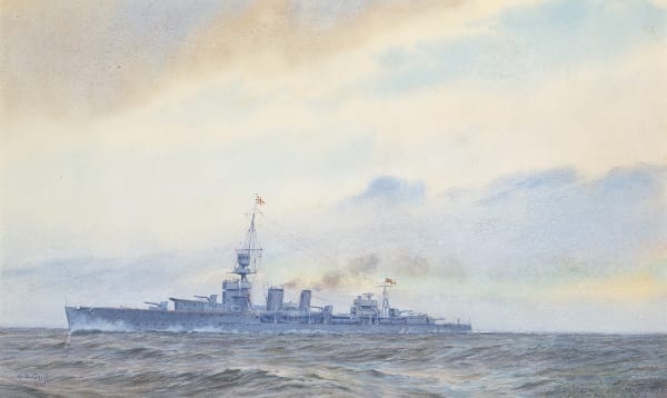 A 'Ceres' class light cruiser steaming at speed and wearing the command flag of a Rear-Admiral