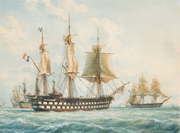 The French 2-decker `Algesiras' casting off from the harbour of Hyeres, 8th May 1868