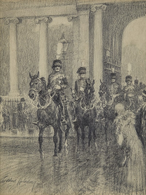 E Battery, Royal Horse Artillery, coming through Marble Arch to fire a salute in Hyde Park