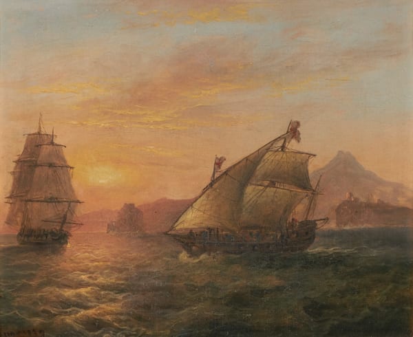 A Felucca out of Vigo bay and a British Man-o-War at sunset