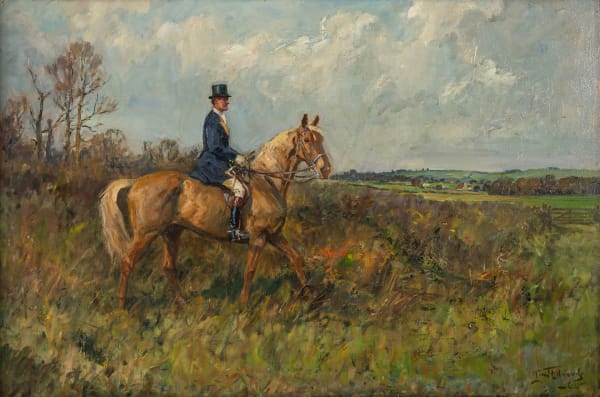 Captain David Egerton on his hunter Walking Stick in the Duke of Beaufort's Hunt at Codrington Gorse with a view of Tyning farm