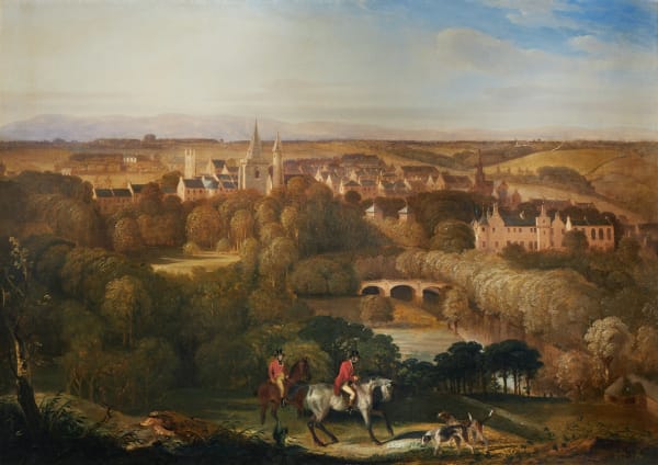 The town of Brechin with huntsmen and hounds in the foreground