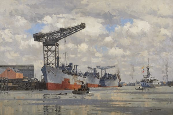 Norman Wilkinson , CBE, SMA, PRWS, RI, The British Corvette HMS Morpeth Castle returning to the Clyde from exercises, 1944