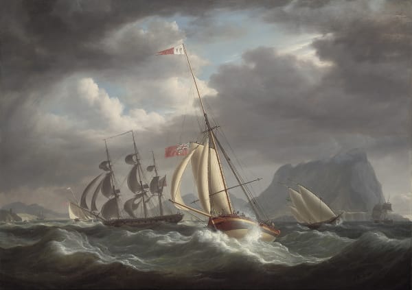 Mr. Tennant’s cutter yacht `Dart' in two positions, in company with HMS Snake, in rough seas off Gibraltar