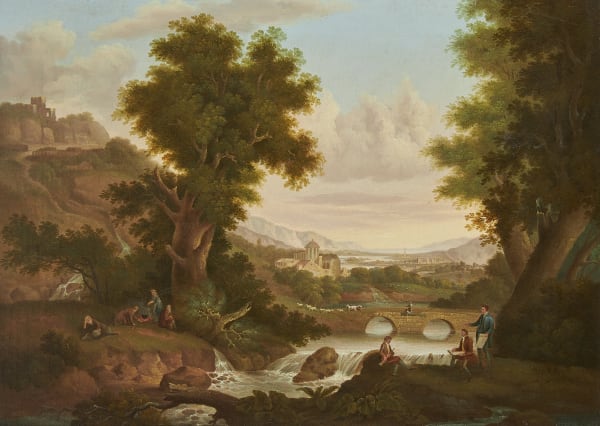 A sporting gentleman sitting for a portrait in an extensive landscape