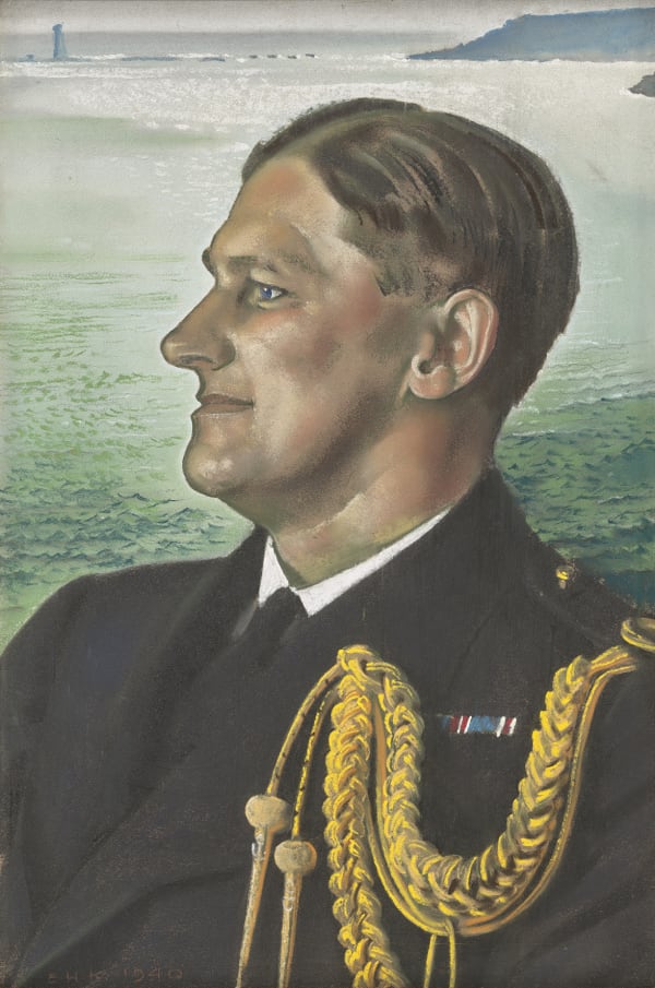 Portrait of Captain [later Rear Admiral] John Dent (1899-1973), Royal Navy, with Plymouth Breakwater beyond