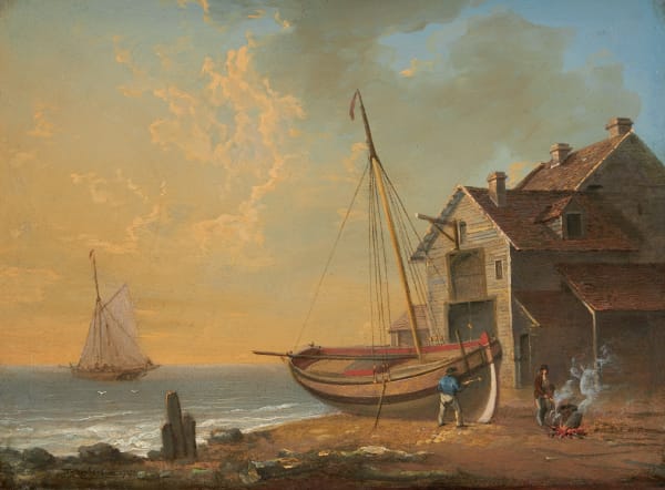 A beach scene with figures caulking a boat, a vessel offshore