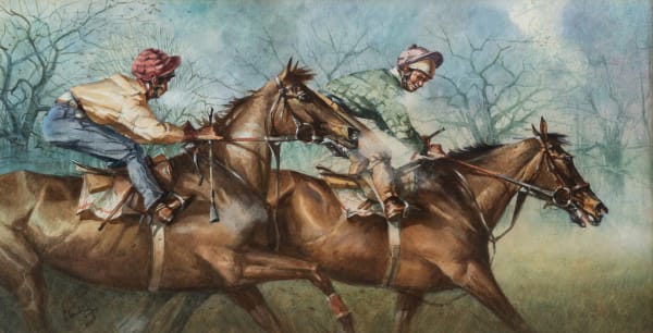 Two horses racing, early morning training