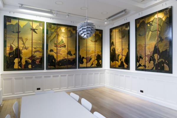 Robert Burns ARSA (1869-1941) The Spanish Armada off the Coast of Scotland. Panels from Crawford’s Tearoom in Hanover St, Edinburgh oil, gold leaf and gesso on fibre board panels, 1923 Gifted by Arcadia Group, 2016. 2017.067.1-27