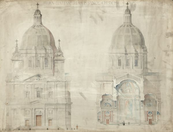 Jack Coia CBE RSA (1898-1981), Free Design For a Church in the Italian Renaissance Manner Architectural drawing, around 1922-3, 54 x 69.5cm RSA Diploma Collection (Deposited 1981) 1993.104