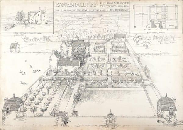 Sir Robert Stodart Lorimer ARA RSA (1864-1929) [drawing by BEGG, John FRIBA (1866-1937)], Earlshall Fife the House and Garden as Restored 1890-1894 For R.W. Mackenzie Esq of Earlshall Pen and ink on paper, 1895, 57.8 x 81.7cm RSA Diploma Collection (Deposited, 1922) 1993.106