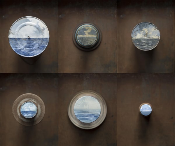 David Cass, Porthole Projections, oil on assorted found objects