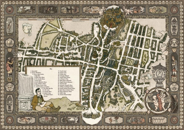 Robert Powell, Auld Reekie: A Cosmology as a Map in Verse or The Mundane Comedy, A Metromanic Edinburgh Semi-Fantasy, etching and watercolour