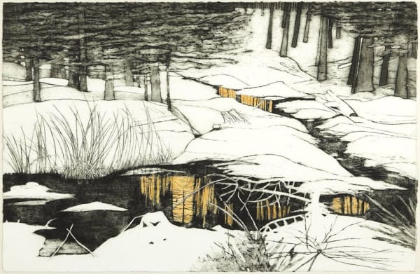 Frances Walker RSA, Winter in Achnasoul Wood 2, hand tinted collograph on paper