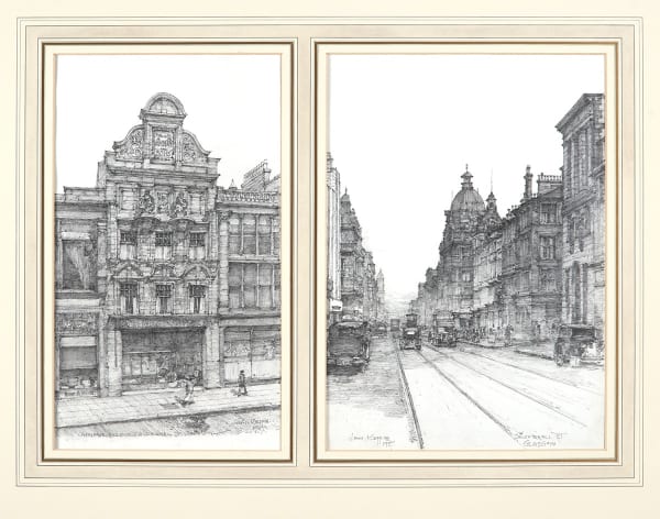 John Keppie RSA(1862-1945), Building in Sauciehall Street, Glasgow pencil on paper,1937, (1) 33.2 x 19.0cm / (2) 33.2 x 23.4cm RSA Diploma Collection (Deposit, 1938) 1994.168