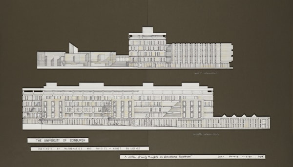 John Hardie Glover OBE RSA (1913-94), University of Edinburgh, Institute of Mathematics and Physics, Kings Buildings. A Review of early thoughts on Elevational Treatment [South and West Elevations] Architectural drawing; pen and ink on paper, around 1965-66, 53.3 x 92.5 cm RSA Diploma Collection (Deposited,1988) 1995.037
