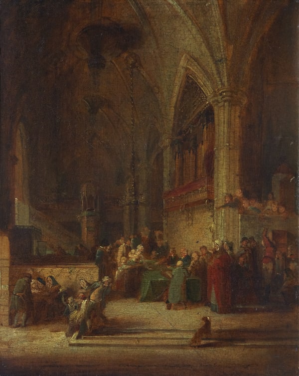 William Home Lizars ARSA (1788-1859), Ballotting for the Militia (sketch) oil on panel, around 1814 Gifted by the artist's widow, 1861. 1993.133