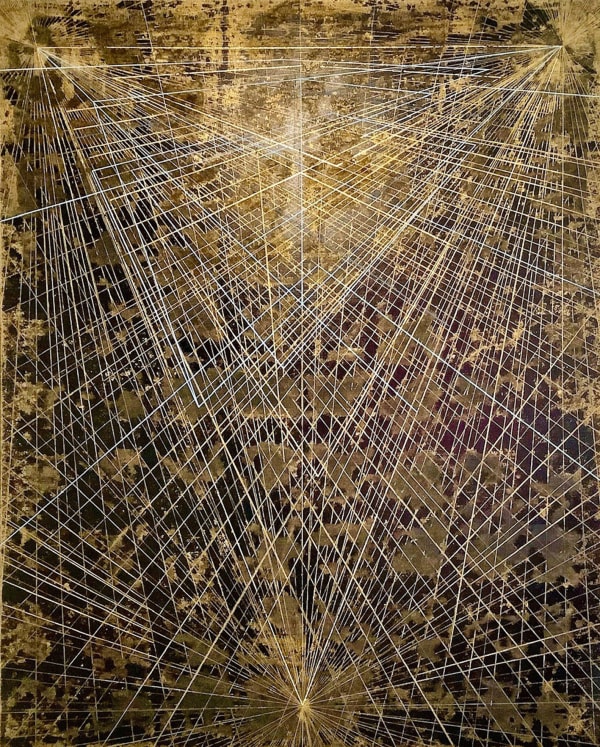 Steven McIver, Linear Extractions, 2023, oil and gold on canvas.