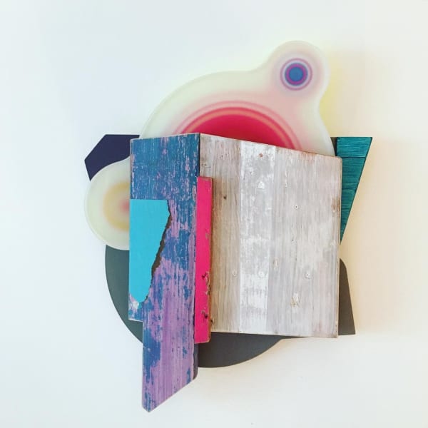 Andrés Ferrandis Islas, 2020 Wood, polycarbonate, found object, silkscreen cardboard, oil and acrylic painting 22 x 16 x 3.5" 55.9 x 40.6 x 8.9 cm