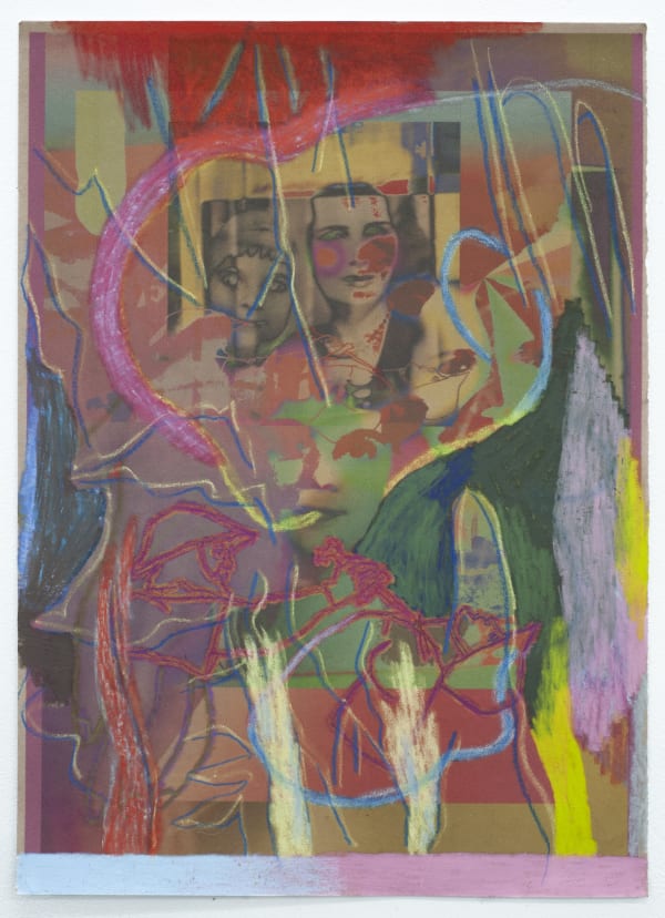 Gaby Collins-Fernandez, It's Chaos Out There, 2021, Initials and date on the reverse, Crayons and digital photocollage on flocked paper, 19 x 13.5 in, 48.3 x 34.3 cm