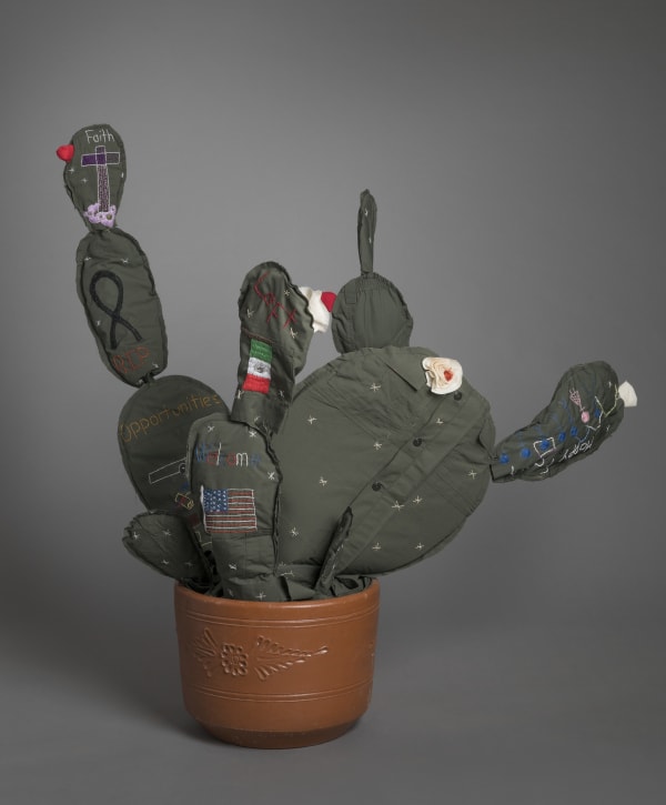 Margarita Cabrera, Space in Between: Nopal (Sara Hernandez), 2016, Border Patrol uniform fabric, copper wire, PVC pipe, foam, thread, and terracotta pot, 51.5 x 48 x 18", 130.8 x 121.9 x 45.7 cm