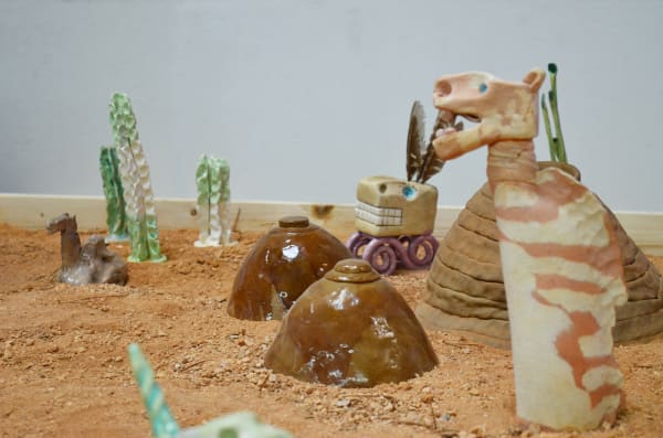 Frank Romero Pingolandia, 1982 Ceramic, earth soil on wood 49.75 x 62.25 x 62.25 in 126.4 x 158.1 x 158.1 cm