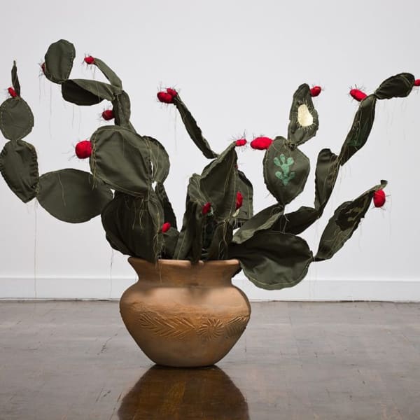 Artwork: Margarita Cabrera, Space in Between - Nopal (Candelaria Cabrera), 2010, Border Patrol Uniform Fabric, Copper Wire, Thread and Terra Cotta Pot