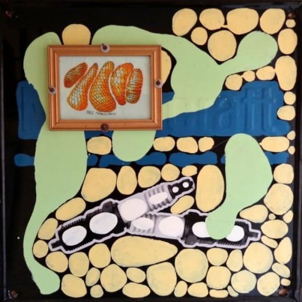 Artwork: Cisco Jiménez, Maíz transgenico, 2004, enamel on metal and framed watercolor, 23.6 x 23.6 x 0