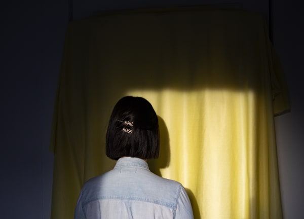 Artwork: Jennifer Ling Datchuk Girl Boss, 2019 Digital print, porcelain sculpture, found figurine 16.25 x 33 x 6.5