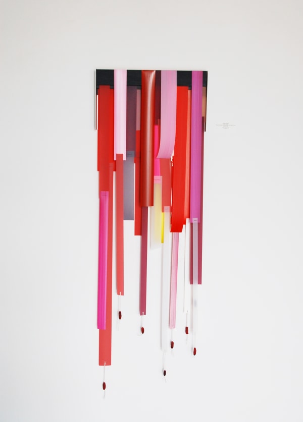 Andrés Ferrandis Islas #1 , 2020 Silkscreen polyester and mylar, thread, found objects, oil and acrylic painting 56 x 18 x 2.5" 142.2 x 45.7 x 6.3 cm