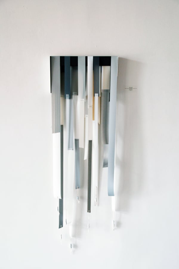 Andrés Ferrandis Islas #2, 2020 Silkscreen polyester and mylar, thread, found objects, oil and acrylic painting 56 x 18 x 2.5" 142.2 x 45.7 x 6.3 cm