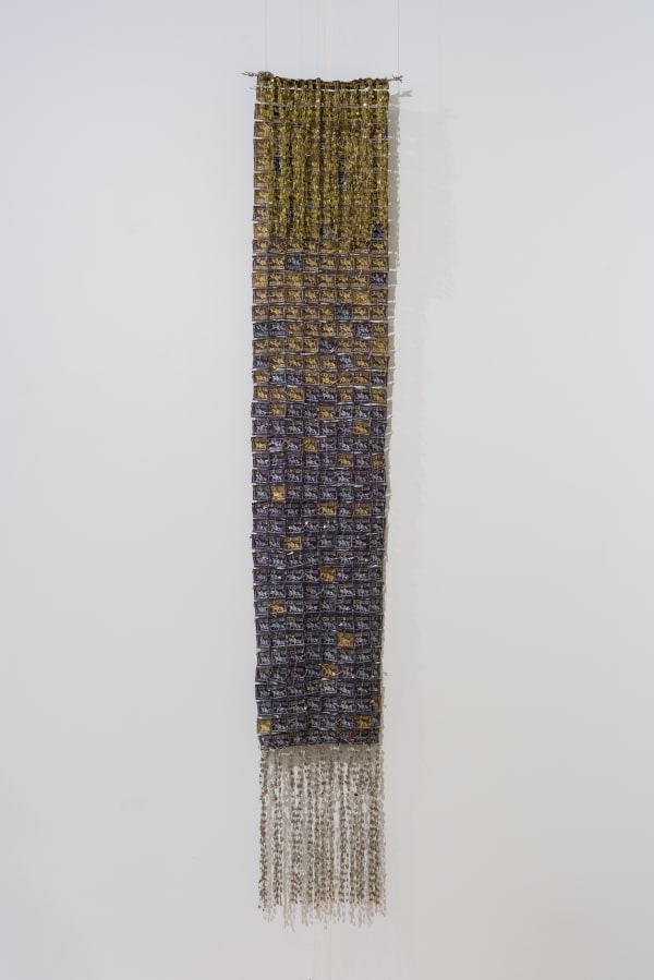 Consuelo Jimenez Underwood Mendocino Rebozo, 2004 Signed and dated on verso Silkscreen on dyed fabric, safety pins, glass beads and barbed wire 68 x 17 in 172.7 x 43.2 cm
