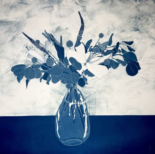Daniela Oliver de Portillo, Una Crushing Enormidad, 2025, Signed bottom right, Cyanotype with color pencil on paper, 30 x 29 in, 76.2 x 73.7 cm