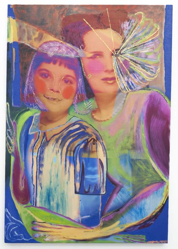 Gaby Collins-Fernandez, Good Girls, 2021, Initials and date on the reverse, Oil and acrylic paint and photocollage on printed terrycloth, 42 x 34 in, 106.7 x 86.4 cm