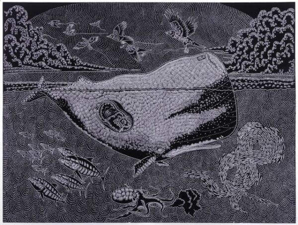 Ricky Armendariz, “How Bear Escaped Whale (remix),” 2014. Linda Pace Foundation Collection, Ruby City, San Antonio, Texas, Gift of Hare & Hound Press, © Ricky Armendariz, courtesy Ruiz-Healy Art, San Antonio, Texas.